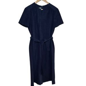 Vtg 1960's  Edith Flagg California Navy Blue Split Neck Tie Belt Mod Midi Dress